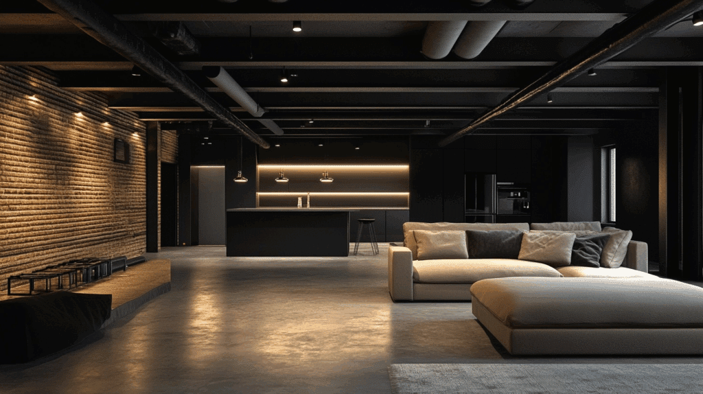 black painted basement ceiling